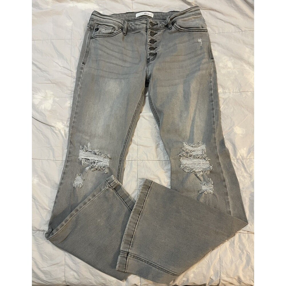 KanCan High Rise Flare Jeans Women’s Size 13/30 Grey Ripped Button Fly